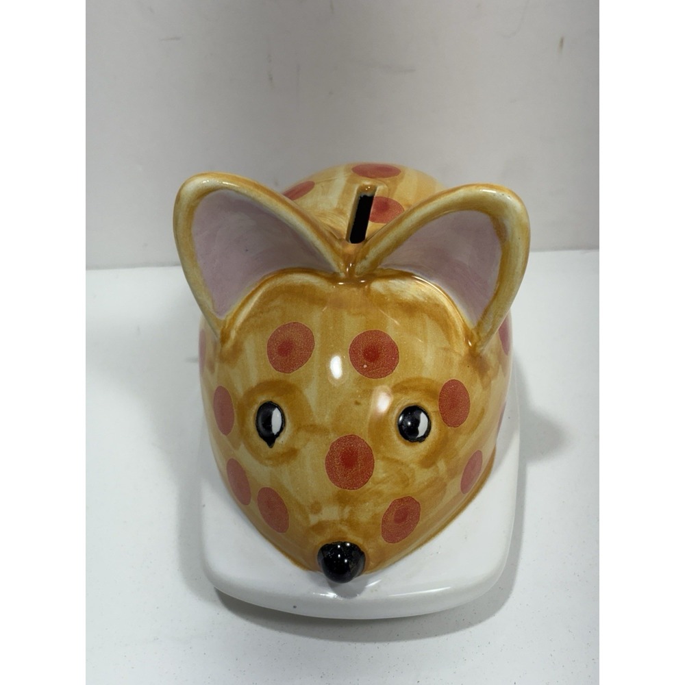 RARE VINTAGE Italy Ceramic Mice Mouse Coin Bank Piggybank Yellow Red Polka Dots - Picture 2 of 7